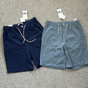 New Zara Men Shorts Linen Light Sky Blue Navy Drawstring 30 S